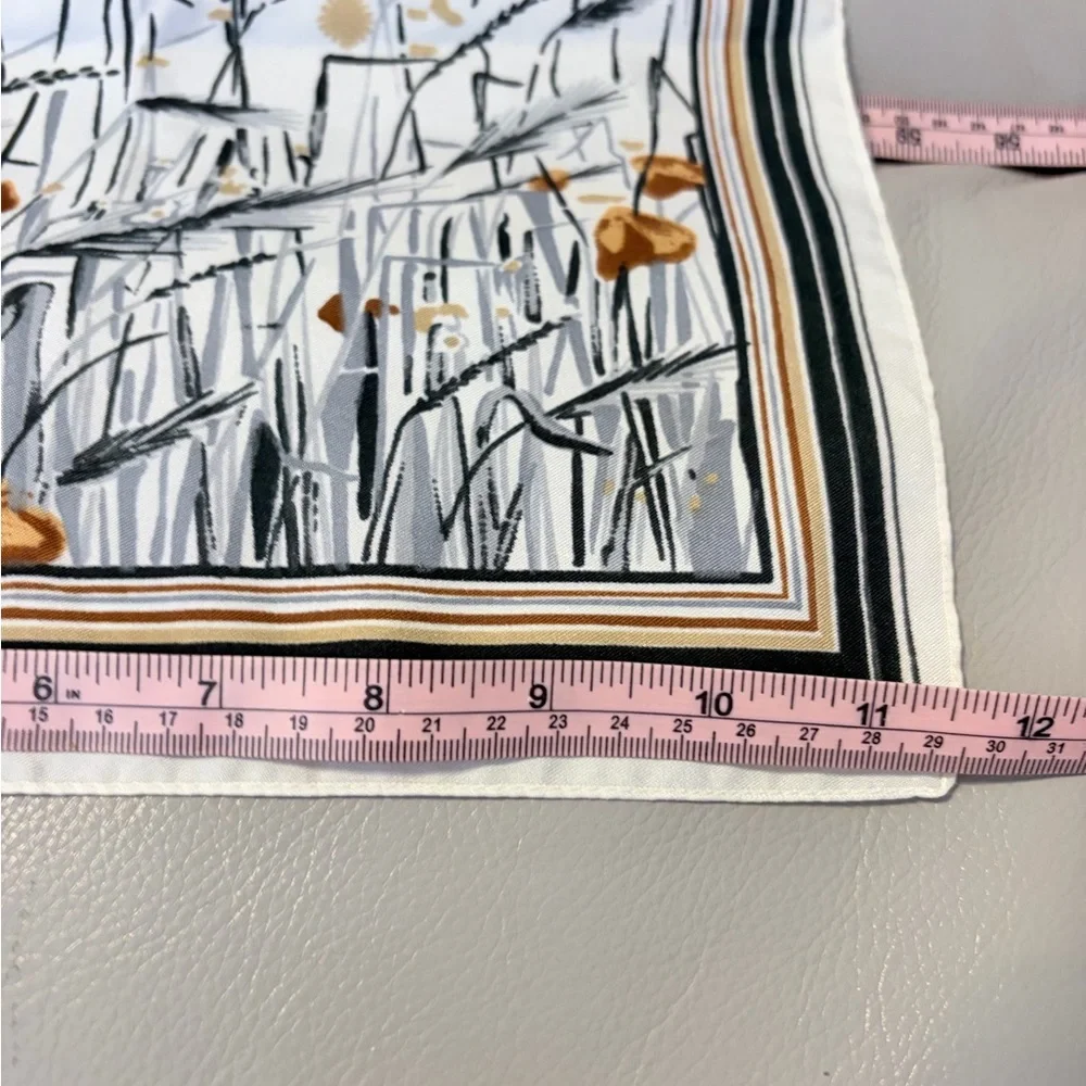 Satin White Floral Scarf with Striped Border